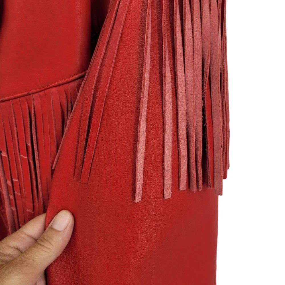 Vintage Leather Fringed Jacket Coat L Red Oversized Belted Rodeo Cowgirl Boho - Picture 8 of 16